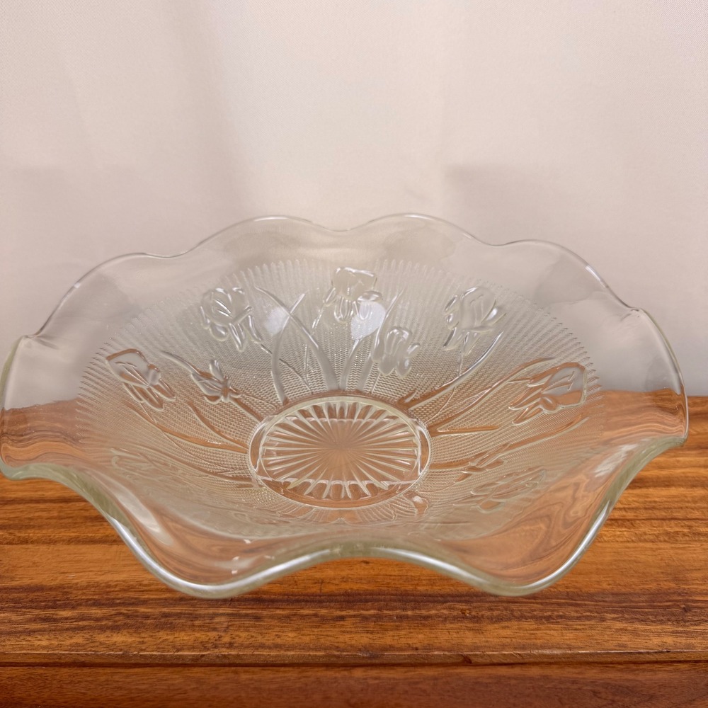 Jeannette Glass Iris and Herringbone Clear Depression Glass Ruffled Bowl 11.5"